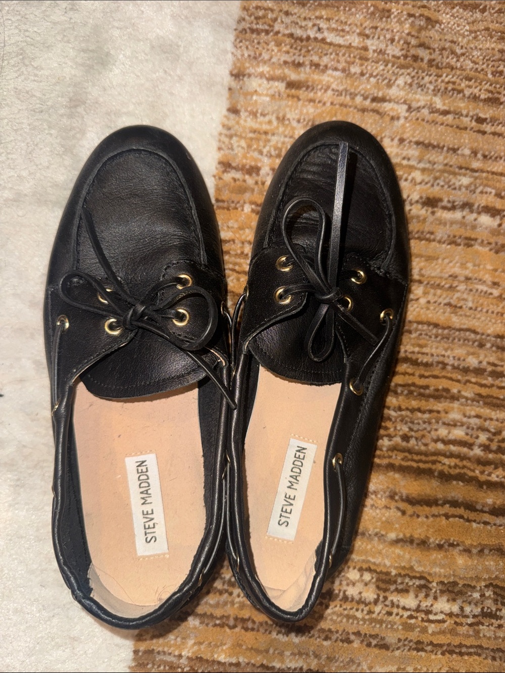 Steve Madden Black Leather Lace-Up Moccasins with Gold Eyelets